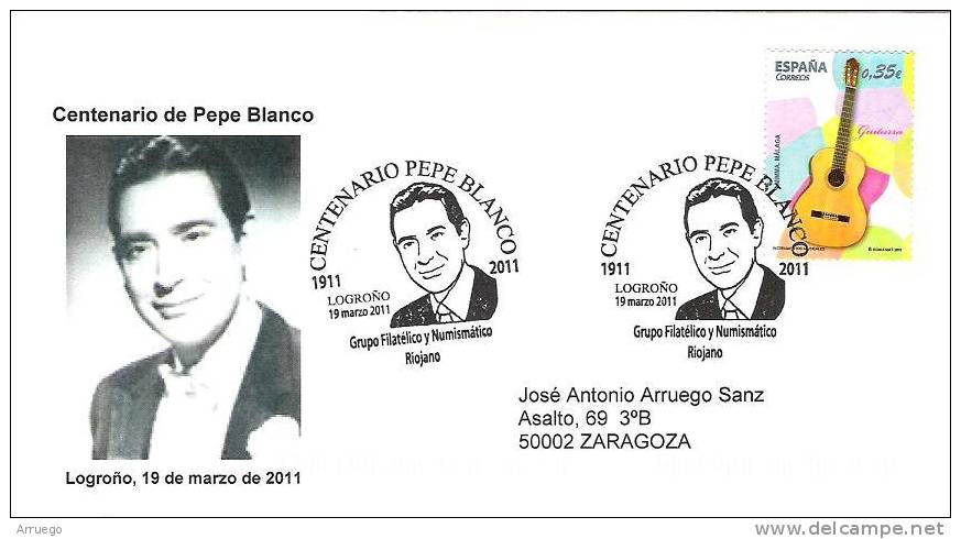 SPAIN. POSTMARK SINGER PEPE BLANCO. LOGROÑO 2011 - Storia Postale