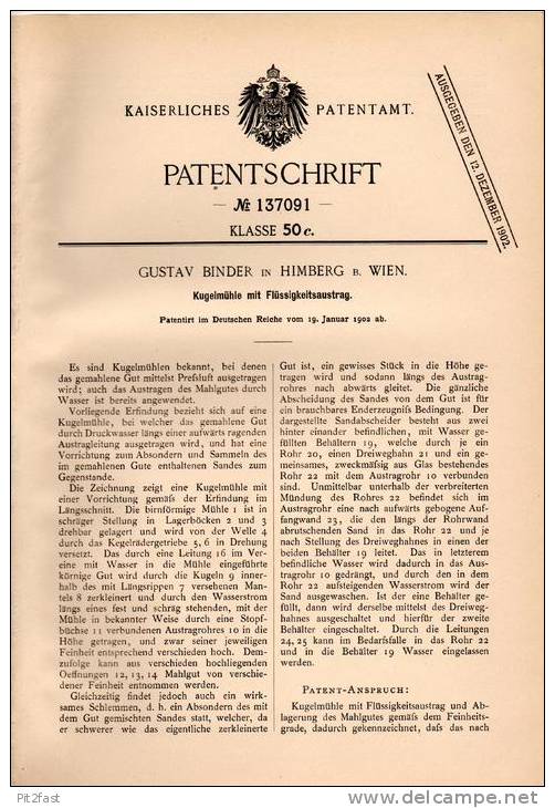 Original Patentschrift - Gustav Binder In Himberg B. Wien , 1902 , Kugelmühle , Mühle !!! - Maschinen