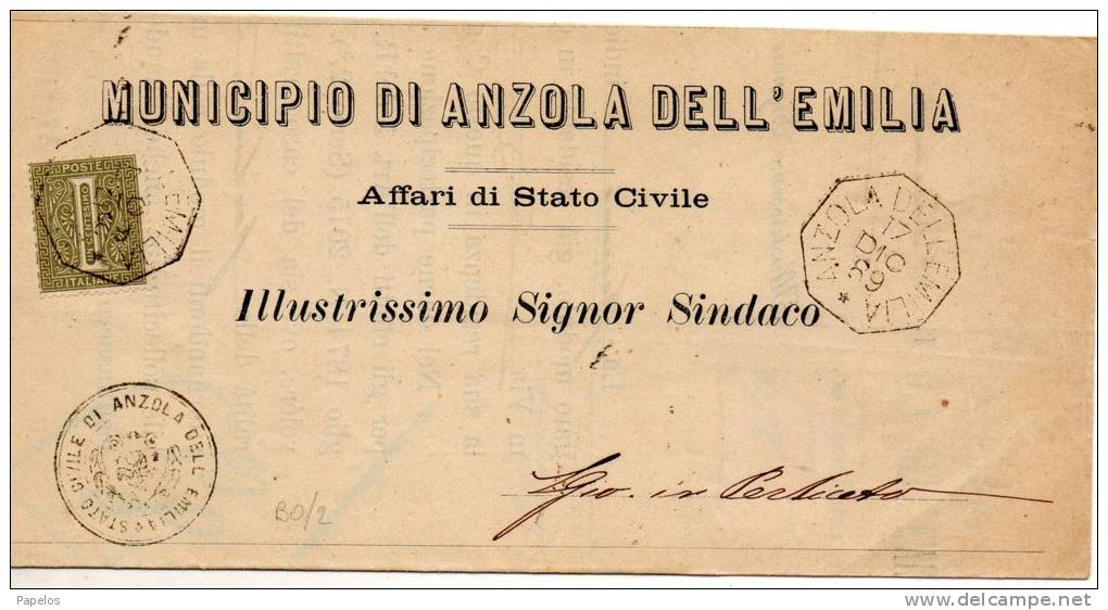 1896  LETTERA CON ANNULLO ANZOLA NELL´ EMILIA - Storia Postale