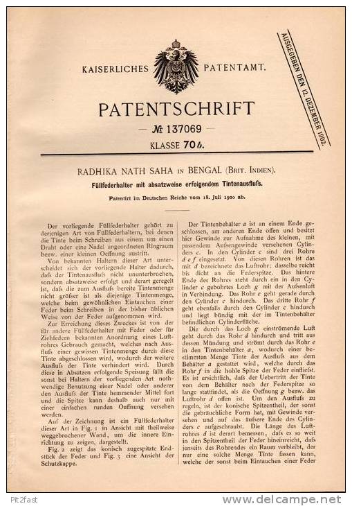 Original Patentschrift - R. Nath Saha In Bengal , Brit. Indien , 1900 , Füllfederhalter , Füller Mit Tintenausstoß !!! - Schreibgerät