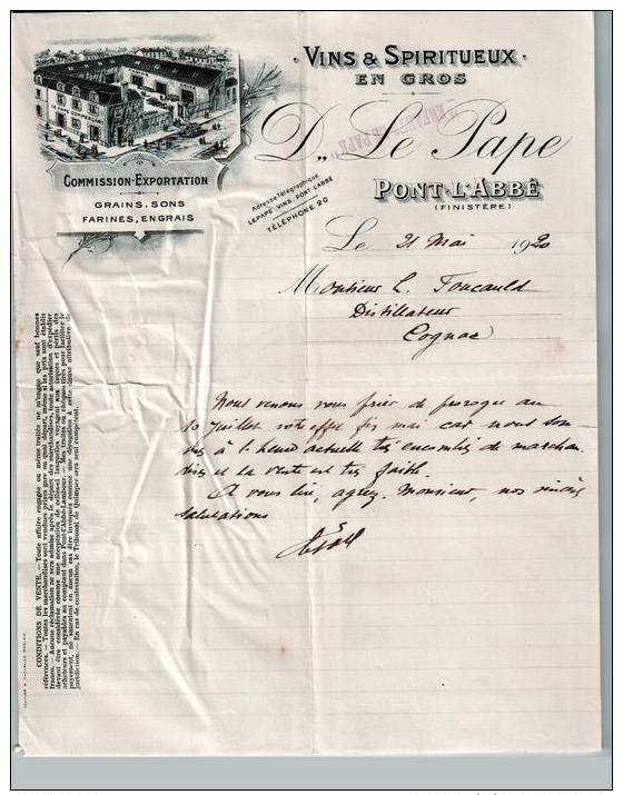 Entête Du 21/05/1920 LE PAPE -  Vins & Spiritueux En Gros - Pont-l'Abbé - Finistère - 1900 – 1949