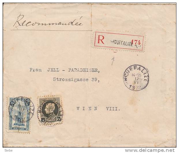 214 + 164 Sur Lettre Recommandé Houffalize 17 VI 1922 Vers Vienne - 1921-1925 Petit Montenez