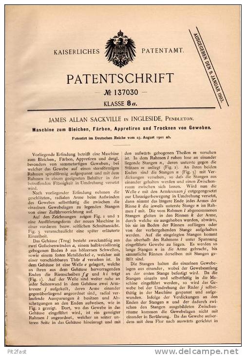 Original Patentschrift - J. Sackville In Ingleside , Pendleton , 1901 , Maschine Zum Bleichen Und Färben Von Gewebe !!! - Machines