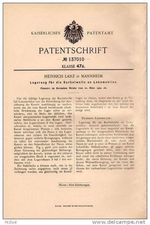Original Patentschrift - Heinrich Lanz In Mannheim , 1902 , Lokomobile , Lagerung Für Kurbelwelle !!! - Tractors