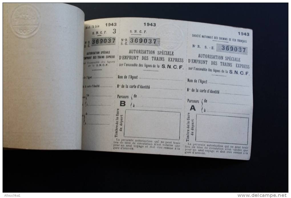 1943 Carnet autorisation emprunt des trains express Titre Transport sté nationale Chemins de fer français SNCF Guerre