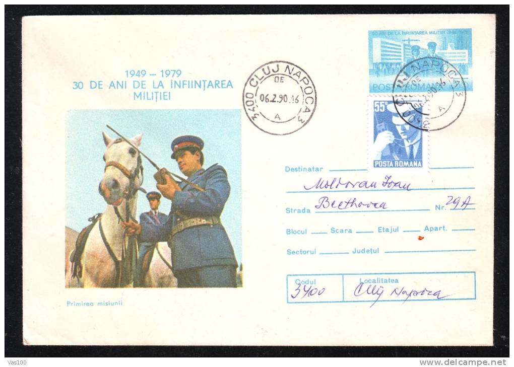POLICE,HORSE,1990,VERY RARE STAMPS,COVER STATIONERY,ENTIER POSTAL,OBLITERATION CONCORDANTE,ROMANIA - Police - Gendarmerie