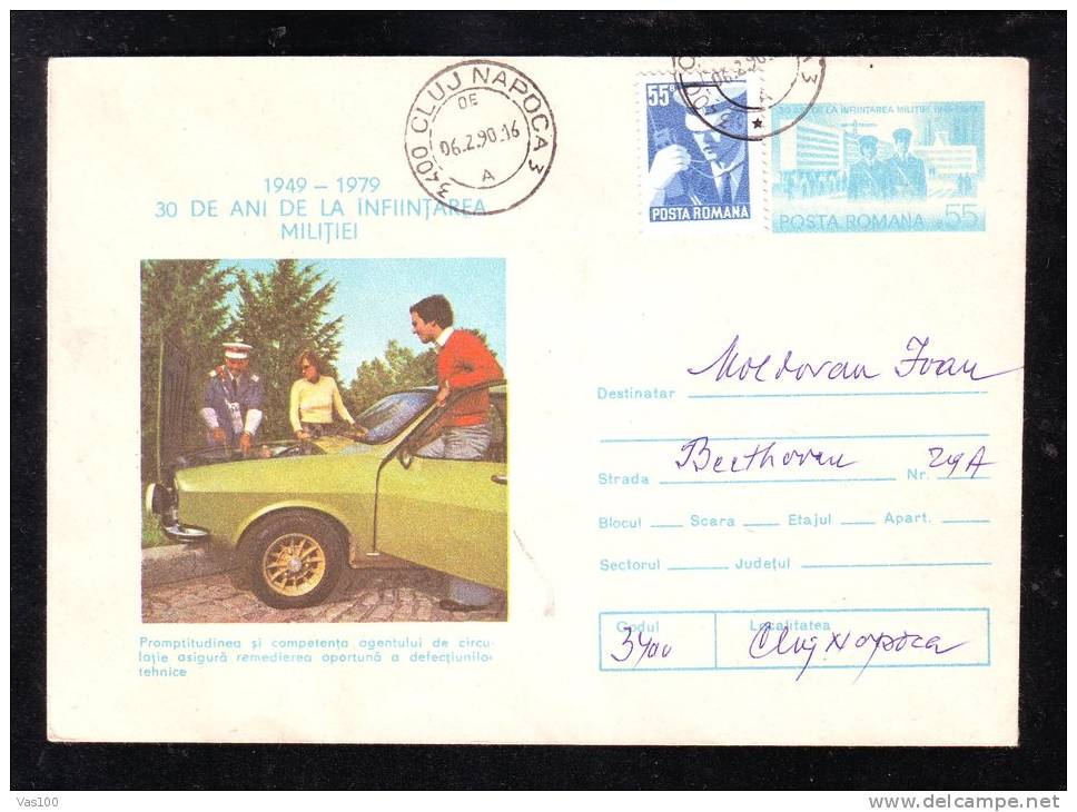 POLICE,CARS,1990,VERY RARE STAMPS,COVER STATIONERY,ENTIER POSTAL,SENT TO MAILL,ROMANIA - Police - Gendarmerie