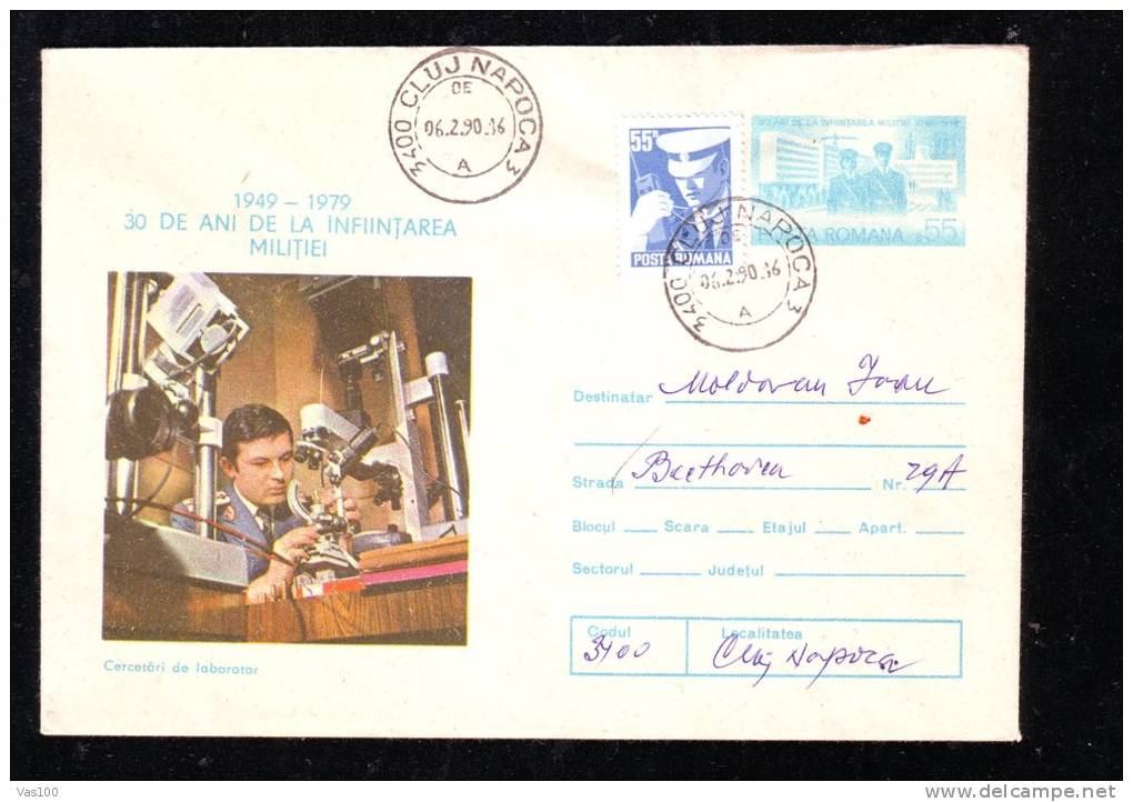 POLICE,MICROSCOPE,LABORATOIRE RECHERCHE,1990,VERY RARE STAMPS,COVER STATIONERY,ENTIER POSTAL,SENT TO MAILL,ROMANIA - Policia – Guardia Civil