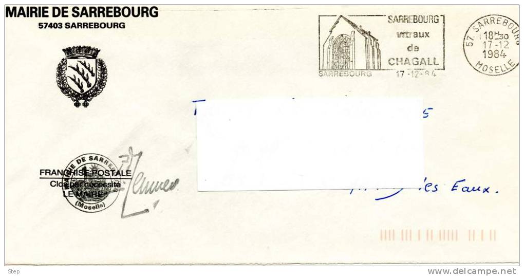 SARREBOURG (MOSELLE) : FLAMME "VITRAUX DE CHAGALL" Sur Lettre En Franchise 1984 - Vetri & Vetrate