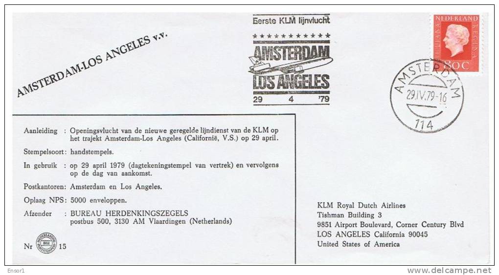 Nederland Luchtpost 1979 KLM Amsterdam-Los Angeles First Flight - Poste Aérienne