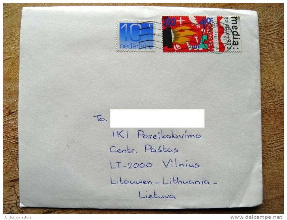 Cover Sent From Netherlands To Lithuania On 1993, 80+40c - Cartas & Documentos