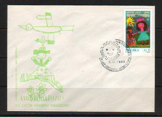 POLAND FDC 1983 15TH ANNIVERSARY OF ORDER OF THE SMILE INTERNATIONAL AWARD Children Art Paintings Girl Birds Sun - FDC