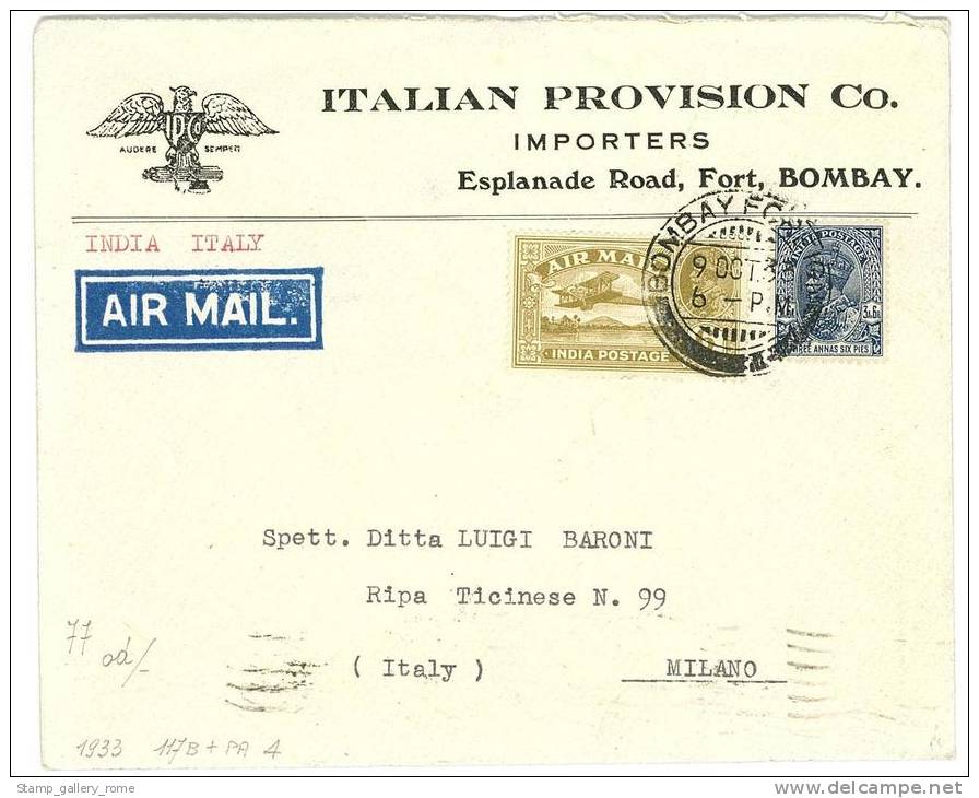 STORIA POSTALE - POSTA AEREA - LETTERA DA BOMBAY PER L'ITALIA MILANO - ANNO 1933 - ITALIAN PROVISON CO. IMPORTERS - Poste Aérienne