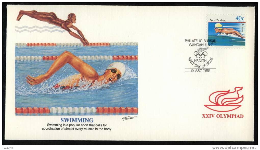 FDC - Enveloppe Premier Jour - Nouvelle-Zélande - Jeux Olympiques - Séoul - Natation - Swimming - Natation