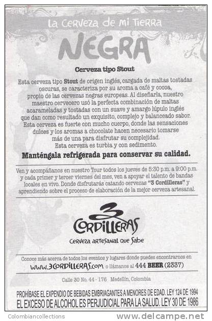 Lote PEP290,  Colombia, 3 Cordilleras, Cerveza Negra, Postal, Postcard, Beer Propaganda Card, Tarjeta De Propaganda - Colombia