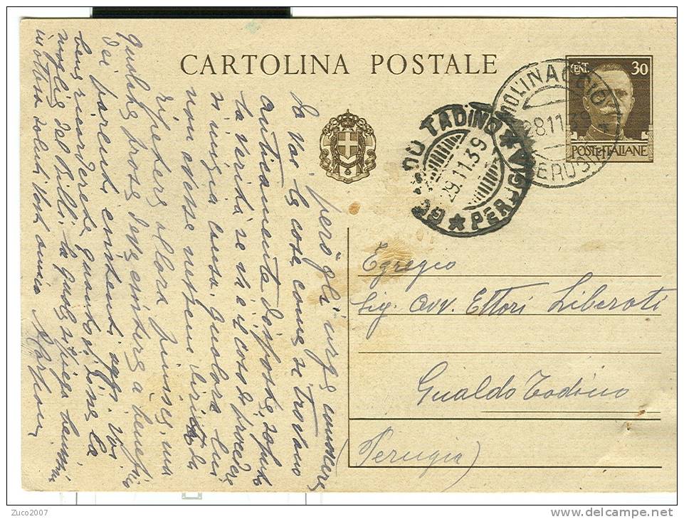 STORIA POSTALE, MOLINACCIO SPOLETO ,PERUGIA, TIMBRO POSTE MOLINACCIO SU CARTOLINA VIAGGIATA  1939 PER GUALDO TADINO, - Marcophilie