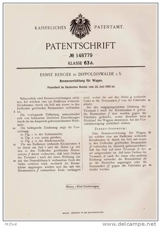 Original Patentschrift - E. Renger In Dippoldiswalde I.S., 1902 , Bremse Für Wagen , Kutsche , Fuhrwerk !!! - Sonstige & Ohne Zuordnung