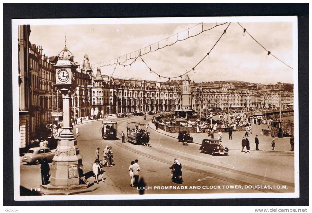 RB 888 - Real Photo Postcard - Cars &amp; Trams - Loch Promenade &amp; Clock Tower - Douglas Isle Of Man - Isle Of Man