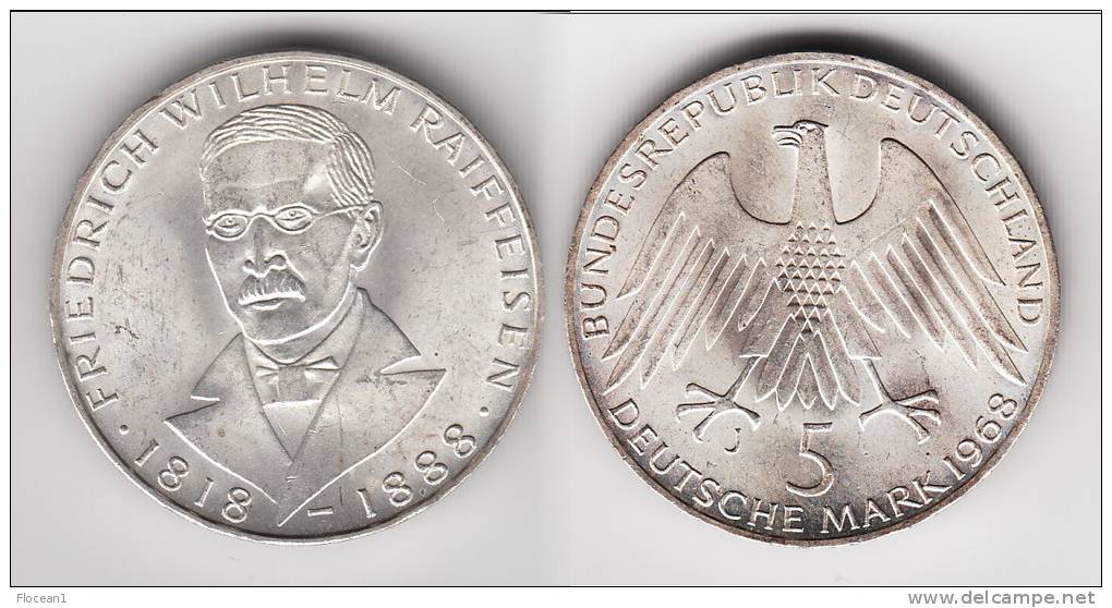 **** ALLEMAGNE - GERMANY - 5 MARK 1968 J FRIEDRICH RAIFFEISEN - SILVER - ARGENT **** EN ACHAT IMMEDIAT - 5 Mark