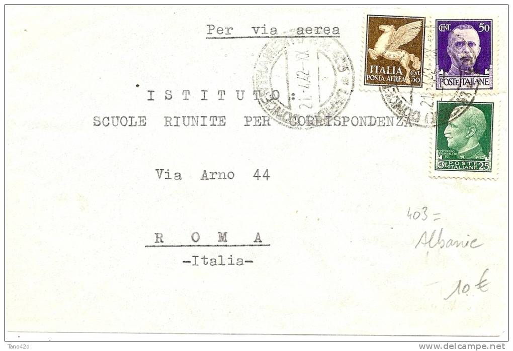 LBL9 - II GM - LETTRE AVION ALBANIE UFFICIO CONCENTRAMENTO  / ROMA 21/4/1942 - Albania