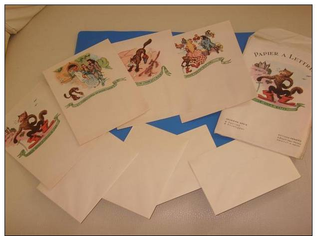 Ancien Papier A Lettres Theme LE CHAT BOTTE 4 Feuilles 4 Enveloppes 2eme Serie - Collections