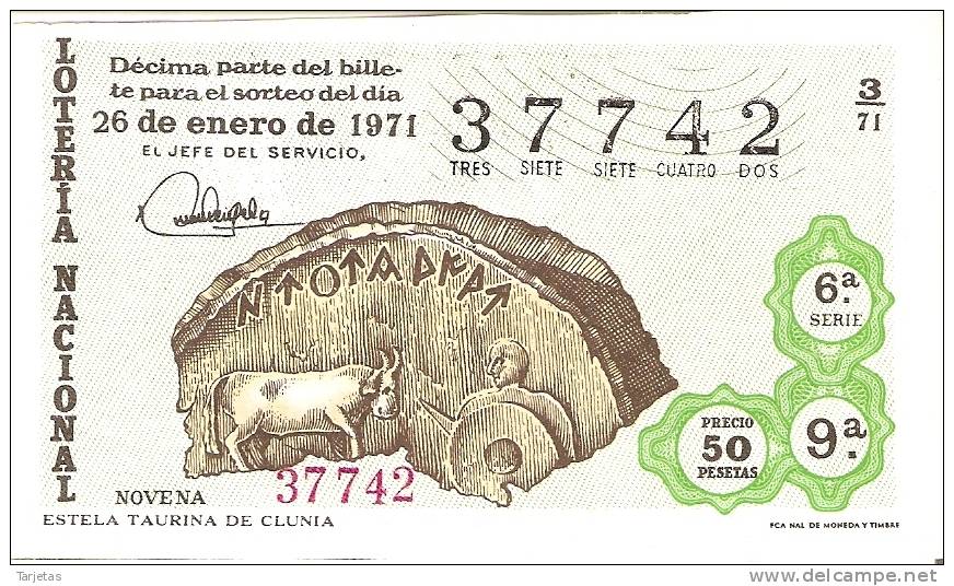 BILLETE DE LOTERIA DEL AÑO 1971 DE LA SERIE DE TOROS ESTELA TAURINA CLUNIA (TORO-BULL-TORERO)  (LOTO-LOTTO) - Billetes De Lotería