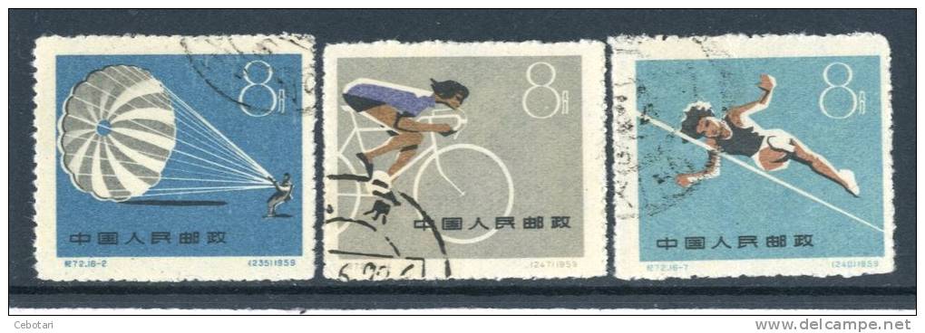 CINA / CHINA 1959 - "Parachute" - "Bicycle Race" - "High Jump" - 3 Val. Usati / Used Come Da Scansione - Usati