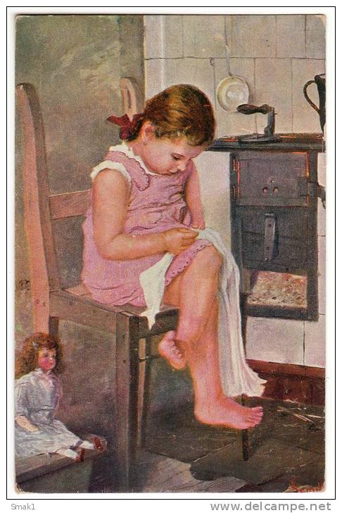 CHILDREN "LITTLE SEAMSTRESS" VICTORIA Nr. 13 OLD POSTCARD 1917. - Other & Unclassified