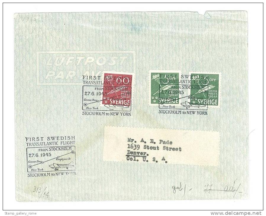LUFTPOST  - AIR MAIL -  FIRST SWEDISH TRANSATLANTIC FLIGHT STOCKHOLM TO NEW YORK - ANNO 1945 VERSO USA - Other & Unclassified