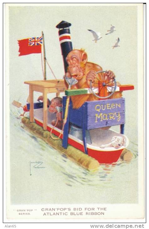 Lawson Woods Artist Signed 'Gran Pop' Series GranPops Bid For The Atlantic Blue Ribbon, Monkey Boat, C1910s/20s Postcard - Wood, Lawson