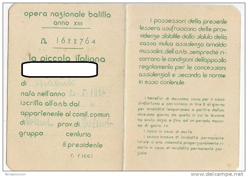 C-0781- Fascismo P.N.F. - O.N.B. Tessera Fascista Piccola Italiana Anno XIII - Autres & Non Classés