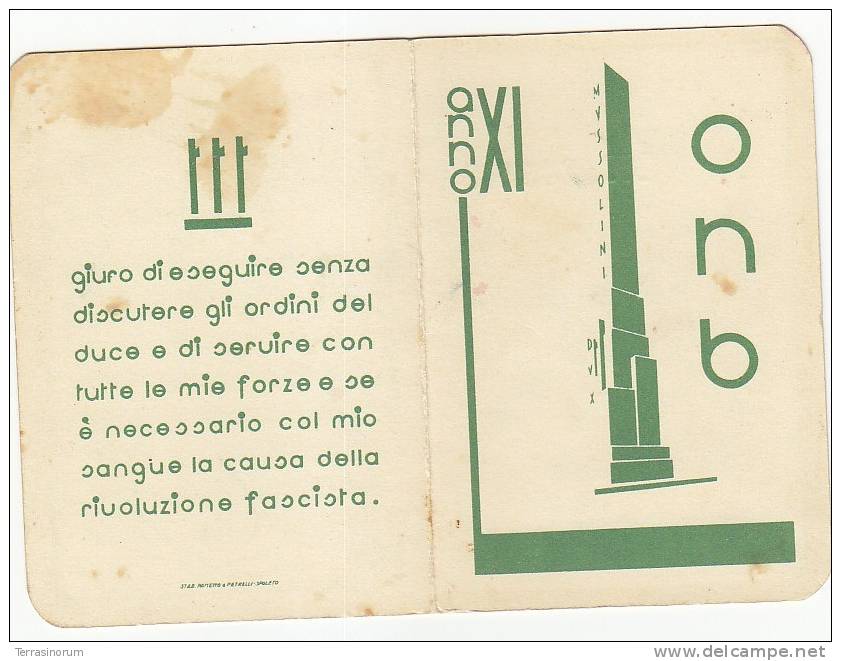 C-0783- Fascismo P.N.F. - O.N.B. Tessera Fascista Piccola Italiana Anno XI - Autres & Non Classés