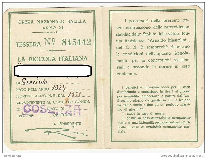 C-0783- Fascismo P.N.F. - O.N.B. Tessera Fascista Piccola Italiana Anno XI - Autres & Non Classés