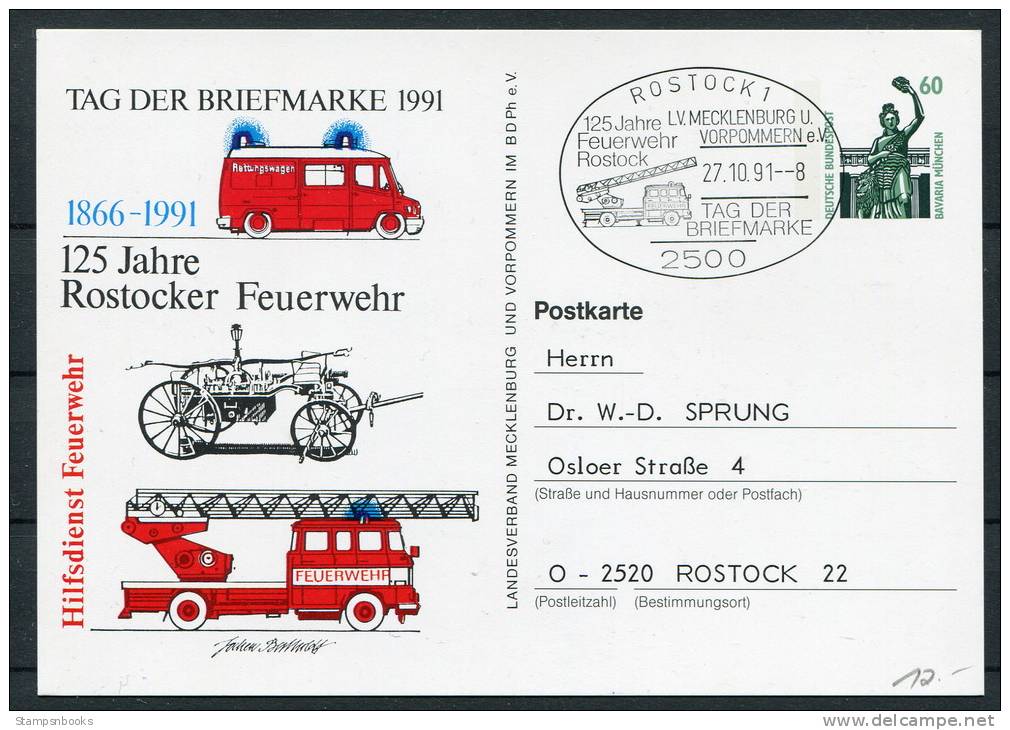 1991 Germany Tag Der Briefmarke Stationery Card Rostock Feuerwehr - Firemen