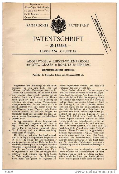 Original Patentschrift - O. Glaser In Böhlitz - Ehrenberg , 1906 , Elektromechanisches Rennspiel , Rennbahn , Autorennen - Antikspielzeug