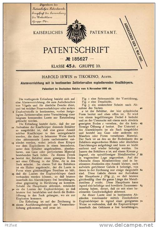 Original Patentschrift - H. Irwin In Tikokino , Australia , 1906 , Alarmvorrichtung Mit Explosion !!! - Historische Dokumente