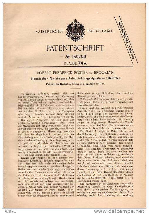 Original Patentschrift - R. Foster In Brooklyn , 1901 , Signalgeber Für Schiffe , Schiff !!! - Other & Unclassified