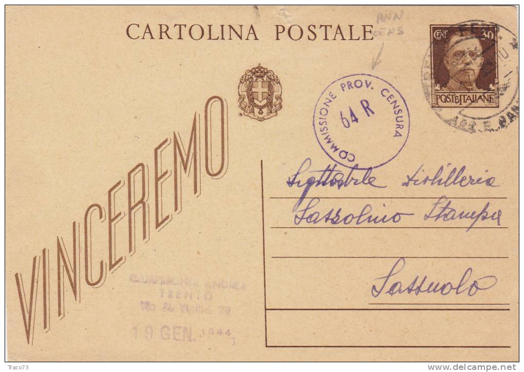 TRENTO  /   SASSUOLO  19.1.1944 - Card_ Cartolina Pubblicitaria " CAMPREGHER Andrea "  Censura 64R - Marcophilia