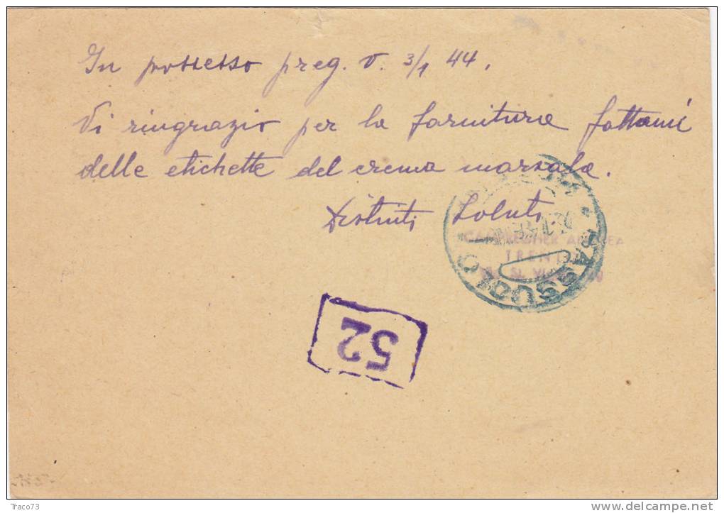 TRENTO  /   SASSUOLO  19.1.1944 - Card_ Cartolina Pubblicitaria " CAMPREGHER Andrea "  Censura 64R - Marcophilia