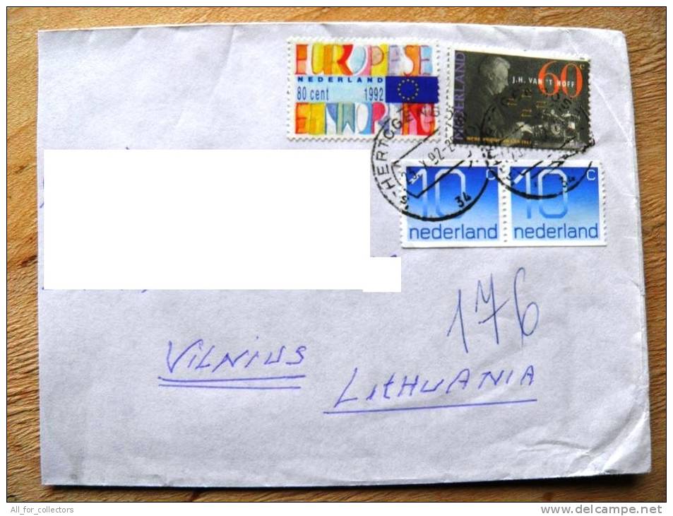 Cover Sent From Netherlands To Lithuania On 1992, Europe Eu Flag, H.van 't Hoff - Lettres & Documents