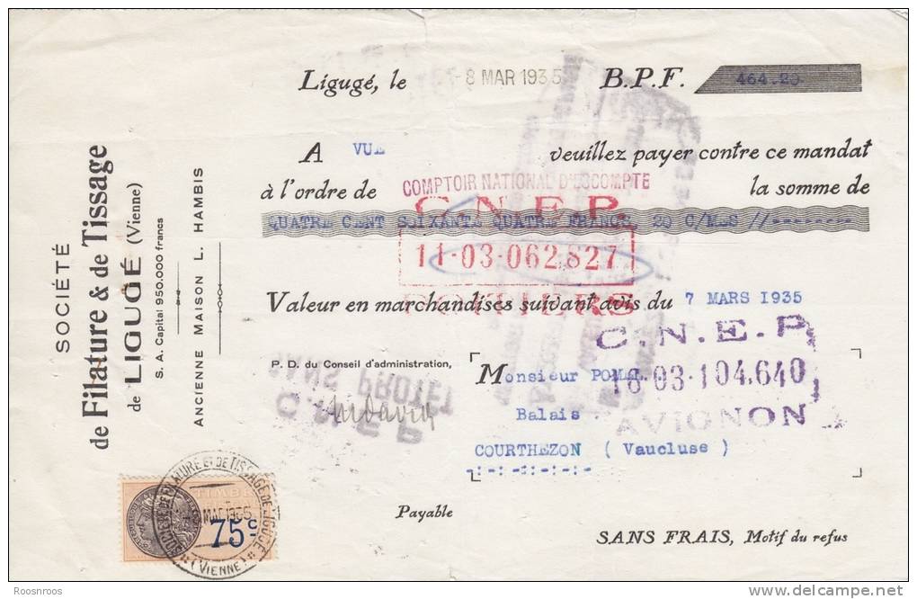 VIEUX PAPIERS FISCAL SUR MANDAT 1935 FILATURE DE LIGUGE DANS LA VIENNE - Non Classés