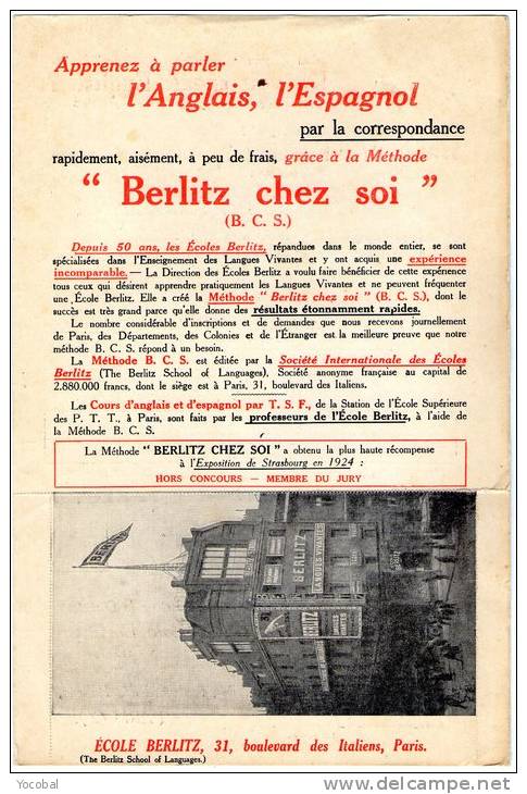 Publicité, Ecole Berlitz , Paris 2e, Carte Postale Vierge , 2 Scans, The Berliz School Of Languages - Advertising