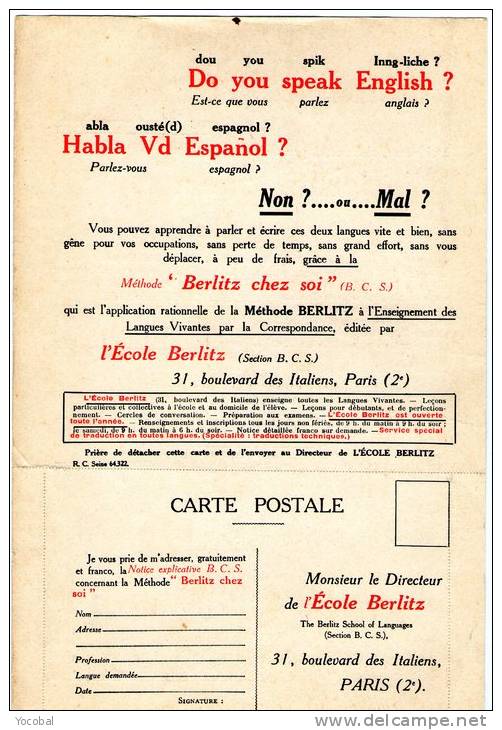 Publicité, Ecole Berlitz , Paris 2e, Carte Postale Vierge , 2 Scans, The Berliz School Of Languages - Advertising