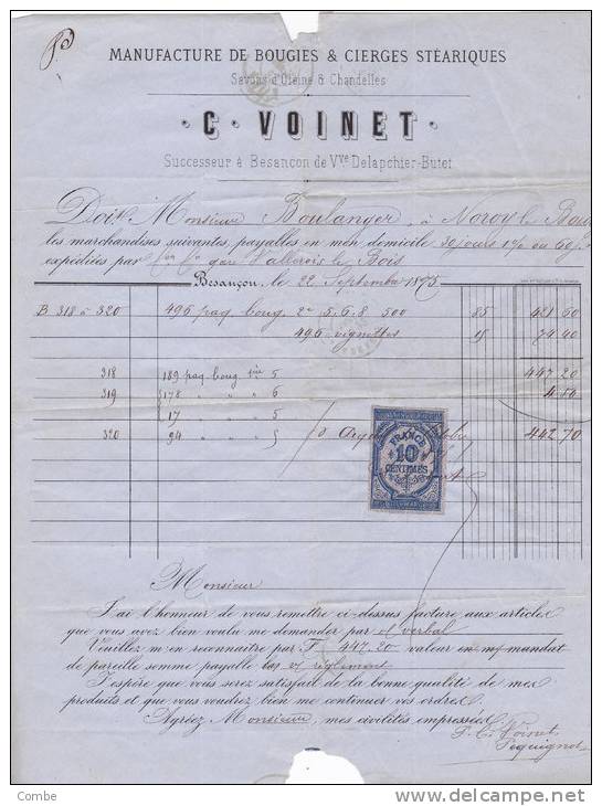 DOUBS, Besançon, C. VOINET Manufacture De Bougies, 1875,  Gare De Besançon Sur Ceres  25c/1389. - 1849-1876: Période Classique