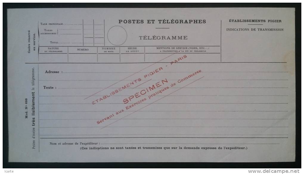 Simili Télégramme Cours Pigier Paris Spécimen . Rare . Cours D'instruction Privés - Télégraphes Et Téléphones