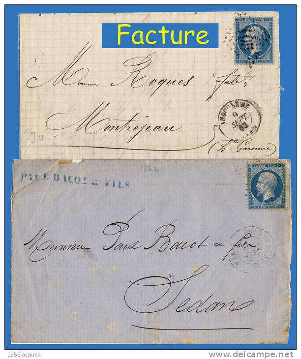 N° 22 NAPOLÉON SECOND EMPIRE 1862 - OBLITÉRÉS B / TB SUR LETTRES DE PARIS PLACE DE LA BOURSE + GC 105 : ANGOULÊME - - 1849-1876: Classic Period