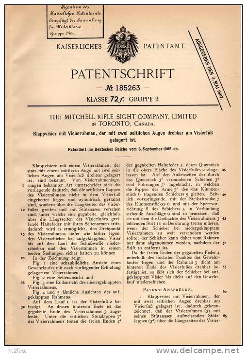 Original Patentschrift - The Mitchell Rifle Sight Comp. In Toronto , 1905 , Klappvisier Für Gewehre , Gewehr !!! - Documents