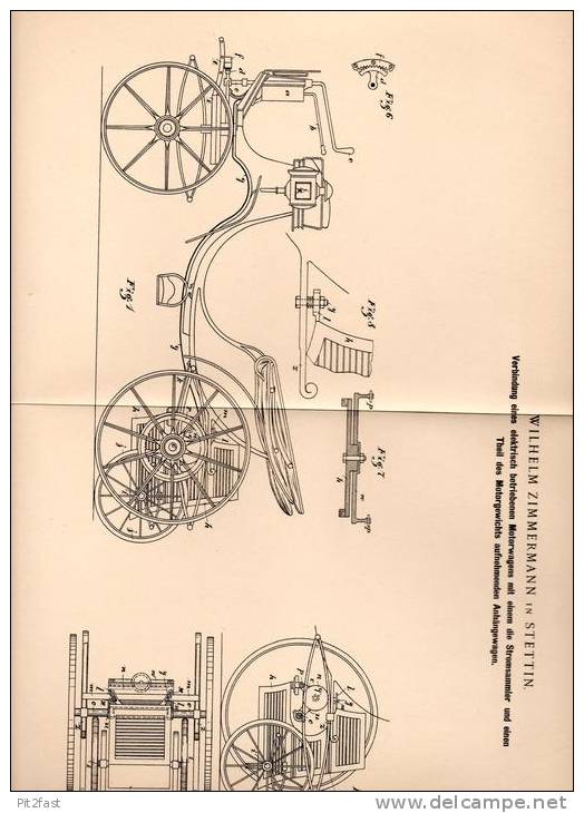 Original Patentschrift - Elektrischer Motorwagen , Automobil , 1899 , W. Zimmermann In Stettin !!! - KFZ