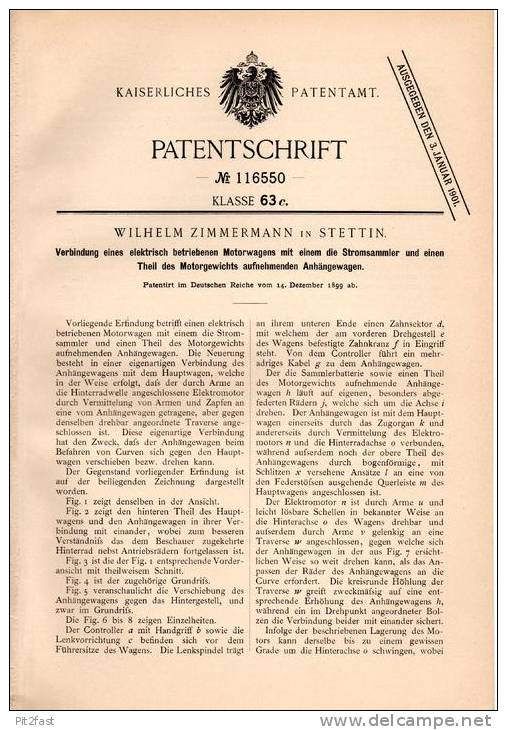 Original Patentschrift - Elektrischer Motorwagen , Automobil , 1899 , W. Zimmermann In Stettin !!! - KFZ