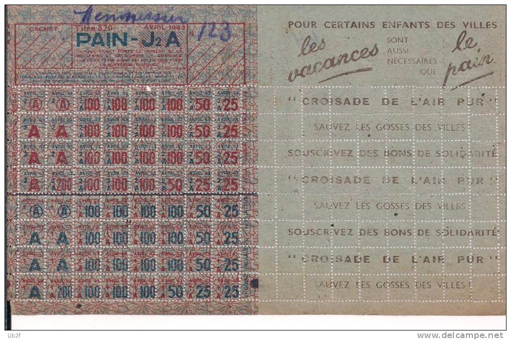 Tickets De Rationnements J2 A Occupation Collaboration Vichy WWII 39-45 1939-1945 Ww2 2.wk - 1939-45